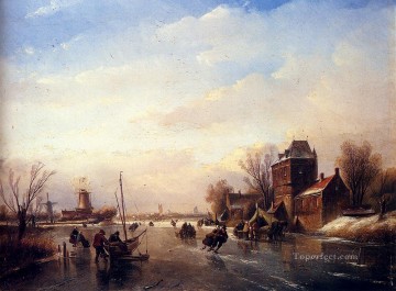  paisajes Pintura al %C3%B3leo - Patinadores en un barco por un río helado Jan Jacob Coenraad Spohler Paisajes